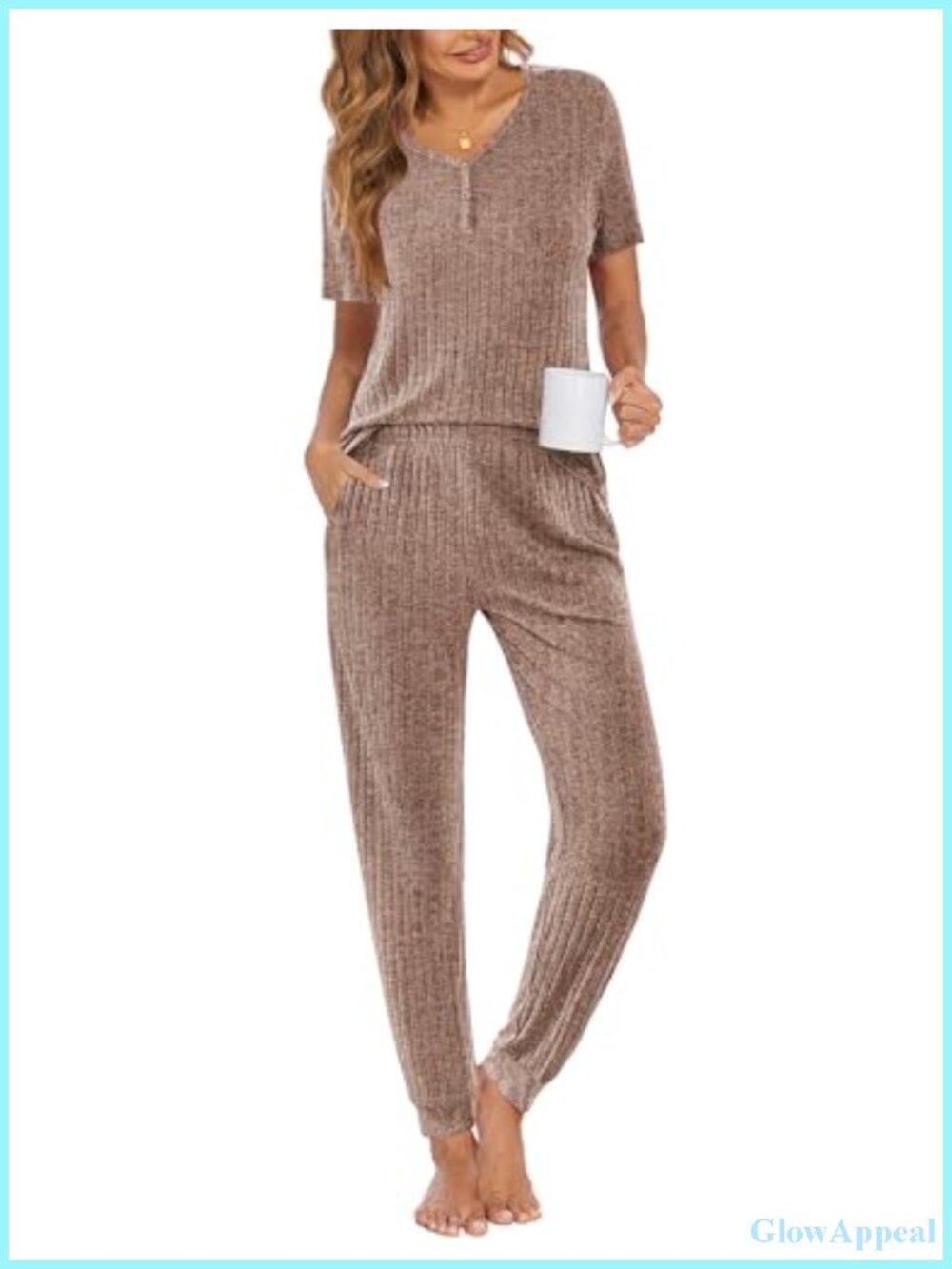 Ekouaer Women's 2 Piece Ribbed Pajama Set V-Neck Top Jogger Pants Lounge